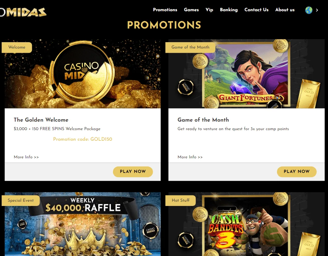 Casino Midas desktop promotions screen
