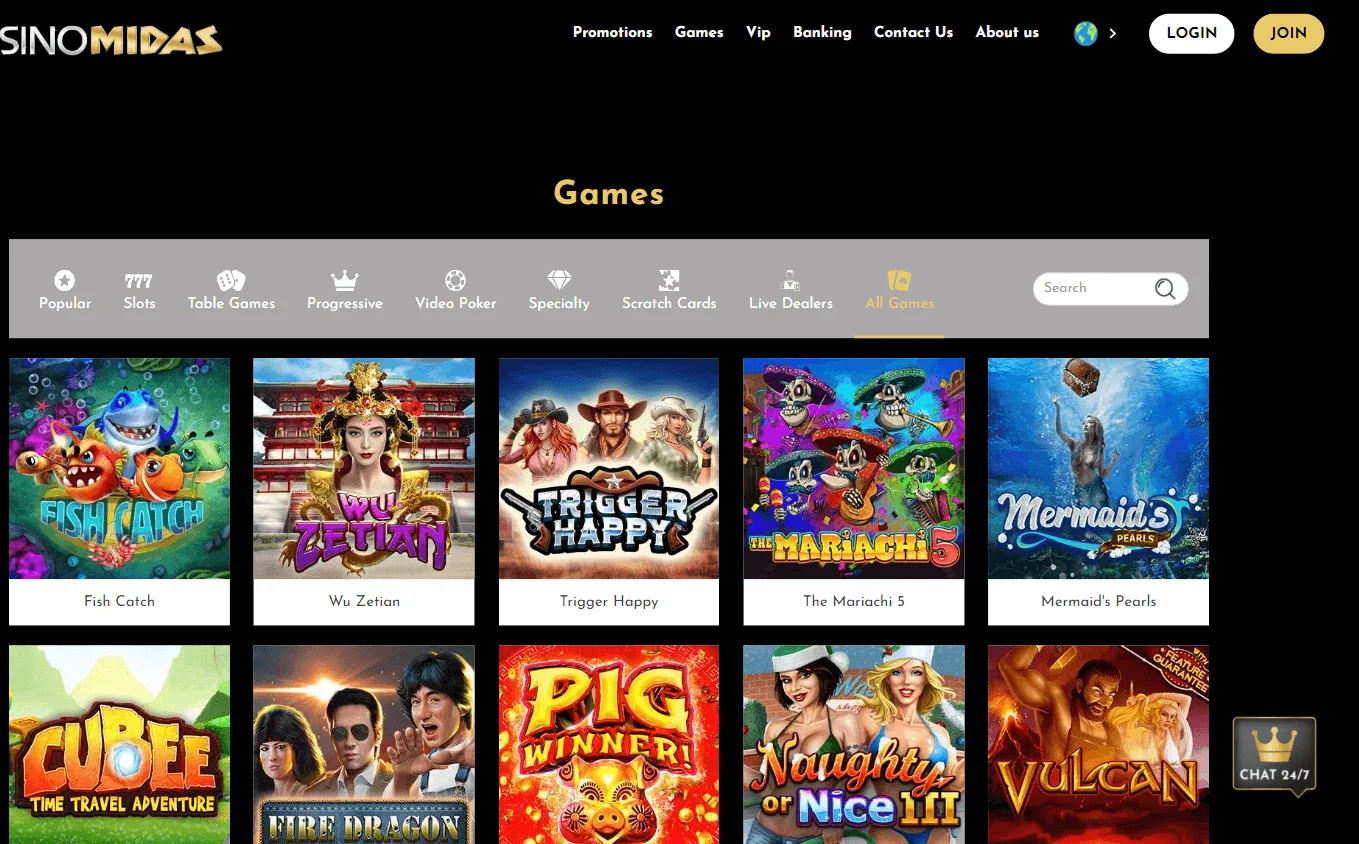 Casino Midas desktop games screen
