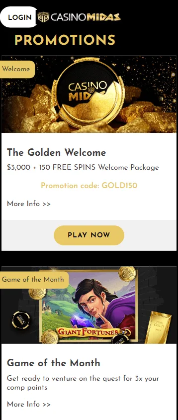 Casino Midas mobile promotions screen